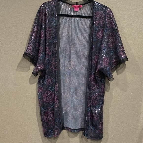 Betsey Johnson Sequin Short Sleeve Kimono Floral Open Front Shawl Multicolor OS - Picture 5 of 10
